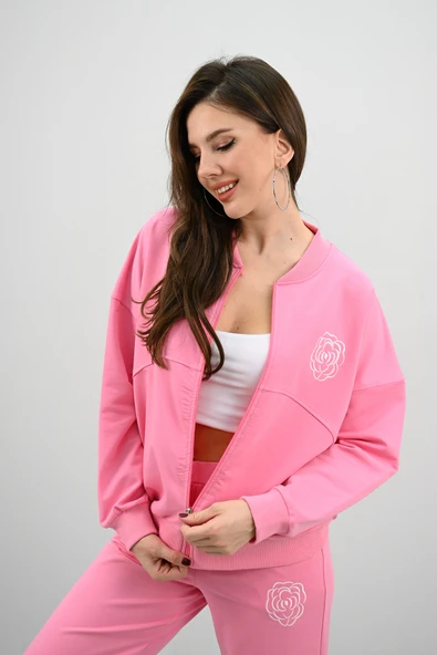 Kadın Bol Paça Fermuarlı Gül Detaylı Eşofman Takımı 4144-25-1 - 6