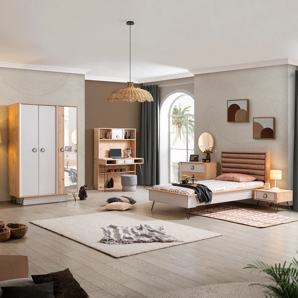 Dolunay Genç Odası - 3 Kapılı Dolap, Karyola, Komodin, Şifonyer, Masa