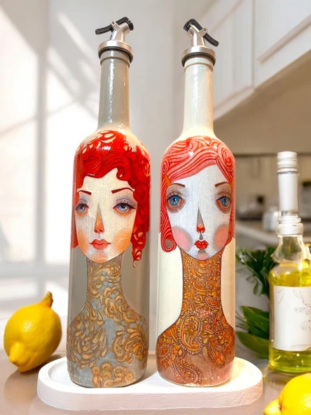 El Yapımı Kırmızı Saçlı Kadın Desenli Vintage Cam Şişe Yağdanlık Seti, Dekoratif Mutfak & Sofra Ürünü, Sosluk & Sirkelik - 7