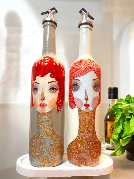 El Yapımı Kırmızı Saçlı Kadın Desenli Vintage Cam Şişe Yağdanlık Seti, Dekoratif Mutfak & Sofra Ürünü, Sosluk & Sirkelik - 2