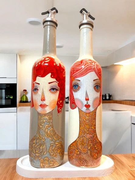 El Yapımı Kırmızı Saçlı Kadın Desenli Vintage Cam Şişe Yağdanlık Seti, Dekoratif Mutfak & Sofra Ürünü, Sosluk & Sirkelik - 8