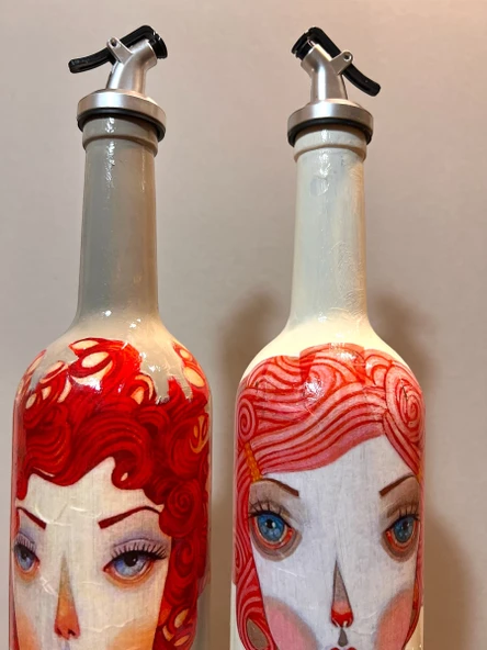 El Yapımı Kırmızı Saçlı Kadın Desenli Vintage Cam Şişe Yağdanlık Seti, Dekoratif Mutfak & Sofra Ürünü, Sosluk & Sirkelik - 6