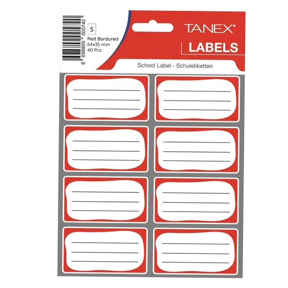 Tanex Kids Okul Etiketi 5 Sayfa 40 Adet Kırmızı (BRD-7002)