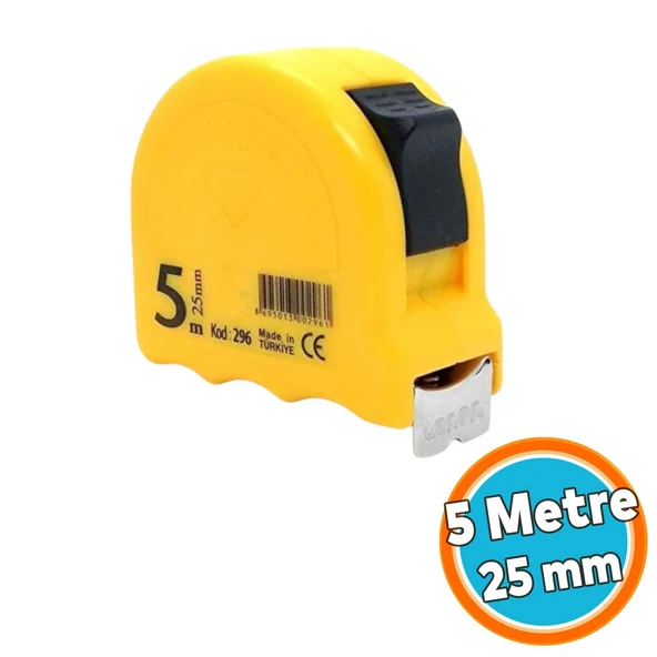 Bükülebilir Metre Şerit Metal En 25 mm 5 Metre Düğmeli Ölçüm Ölçme Plastik Kasalı