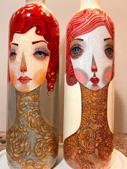 El Yapımı Kırmızı Saçlı Kadın Desenli Vintage Cam Şişe Yağdanlık Seti, Dekoratif Mutfak & Sofra Ürünü, Sosluk & Sirkelik - 5