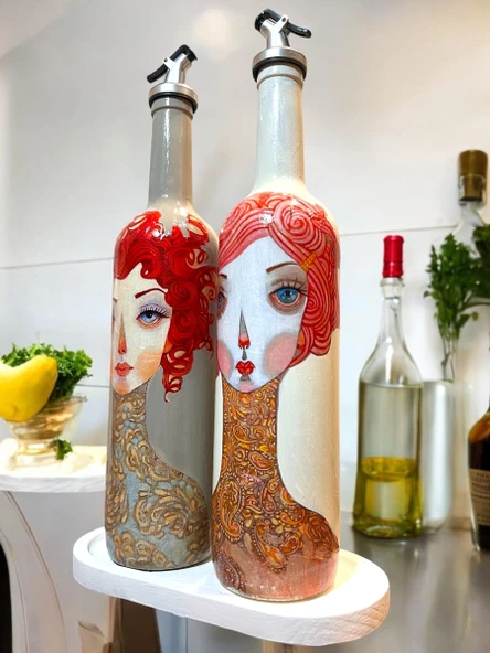 El Yapımı Kırmızı Saçlı Kadın Desenli Vintage Cam Şişe Yağdanlık Seti, Dekoratif Mutfak & Sofra Ürünü, Sosluk & Sirkelik - 4