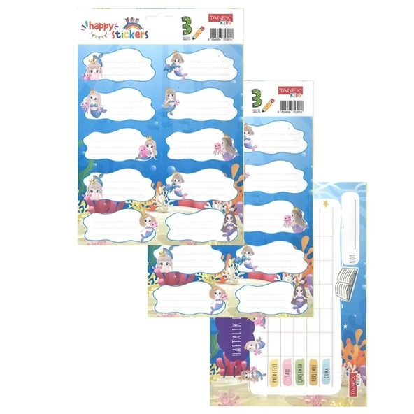 Tanex Kids Ders Programlı Deniz Kızı Baskılı Okul Etiketi 3 Sayfa Kız Öğrenci