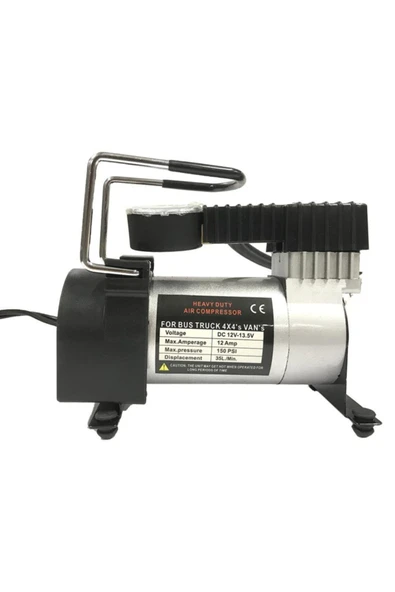 Oto Lastik Hava Kompresörü Metal Görünümlü Gövde, Çakmaklıklı, 12v 150 Psi