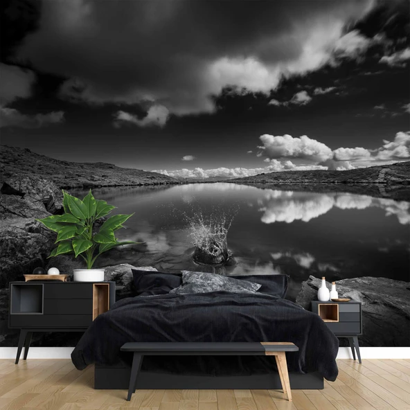 Siyah beyaz göl ve gökyüzü manzaralı Duvar Kağıdı - Resim 2