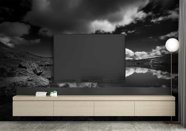 Siyah beyaz göl ve gökyüzü manzaralı Duvar Kağıdı - Resim 3