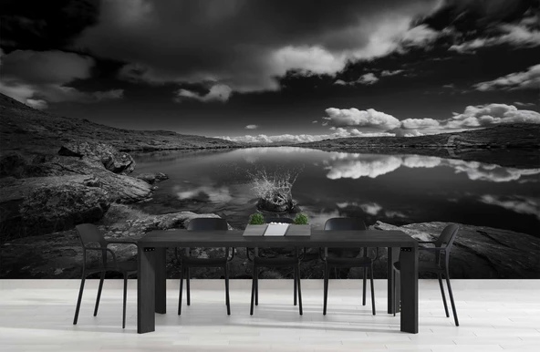 Siyah beyaz göl ve gökyüzü manzaralı Duvar Kağıdı - Resim 5