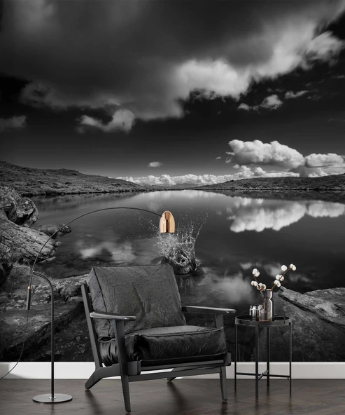 Siyah beyaz göl ve gökyüzü manzaralı Duvar Kağıdı - Resim 6