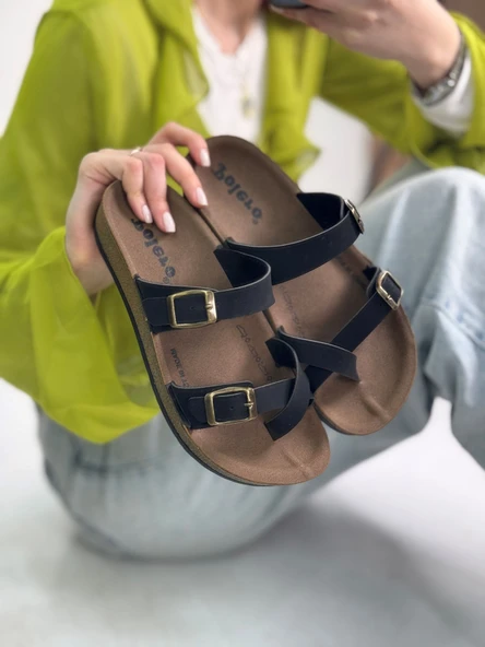 Tek Parmak Arası Kadın Terlik Rahat Ortopedik Mantar Taban Ayarlanabilir Metal Tokalı 34147 - 3