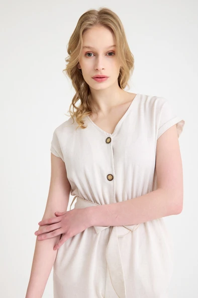 Keten Kadın V Yaka Tek Sıra Düğmeli Kolsuz Tulum - Resim 9