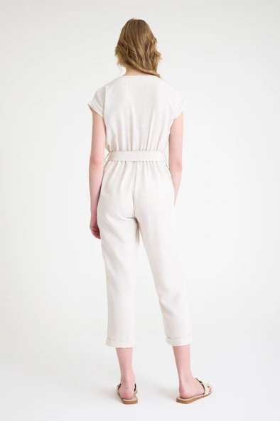 Keten Kadın V Yaka Tek Sıra Düğmeli Kolsuz Tulum - Resim 8