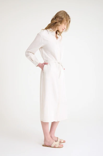 Keten Günlük Rahat Beli Bağcık Detaylı Uzun Kol Elbise - Resim 5