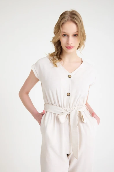 Keten Kadın V Yaka Tek Sıra Düğmeli Kolsuz Tulum - Resim 10