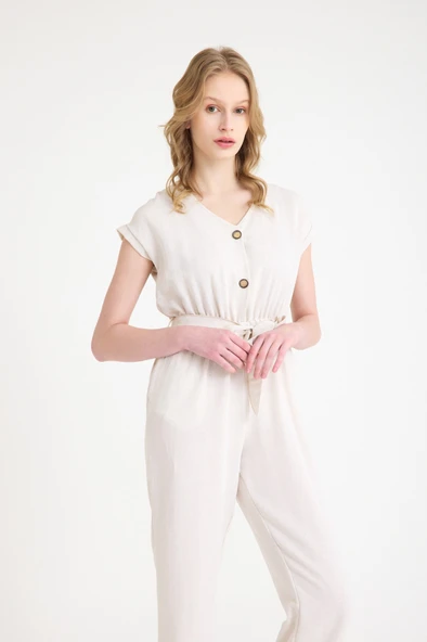 Keten Kadın V Yaka Tek Sıra Düğmeli Kolsuz Tulum - Resim 2