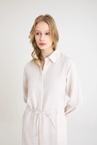 Keten Günlük Rahat Beli Bağcık Detaylı Uzun Kol Elbise - Resim 7