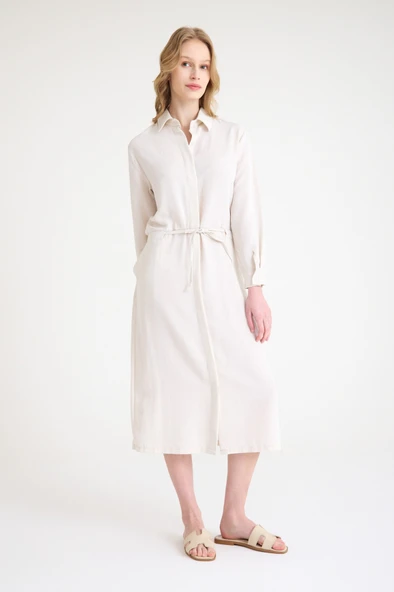 Keten Günlük Rahat Beli Bağcık Detaylı Uzun Kol Elbise - Resim 3