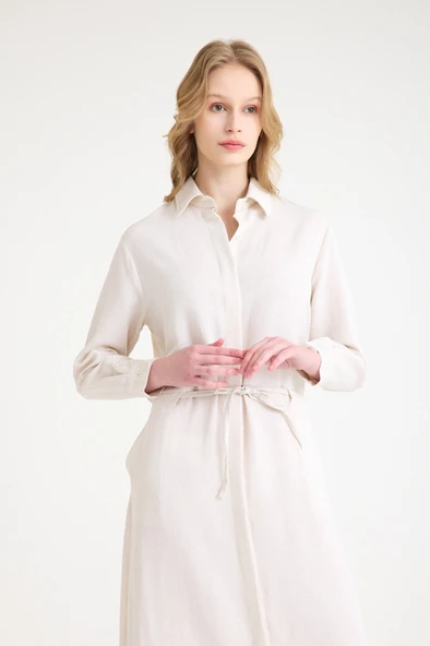 Keten Günlük Rahat Beli Bağcık Detaylı Uzun Kol Elbise - Resim 2