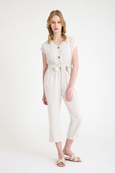 Keten Kadın V Yaka Tek Sıra Düğmeli Kolsuz Tulum ürün görseli