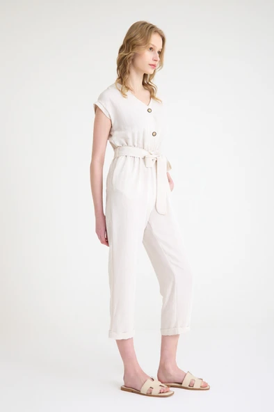 Keten Kadın V Yaka Tek Sıra Düğmeli Kolsuz Tulum - Resim 5