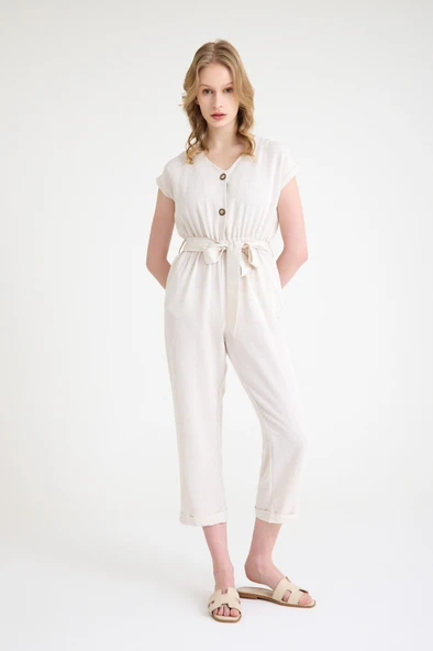 Keten Kadın V Yaka Tek Sıra Düğmeli Kolsuz Tulum - Resim 3