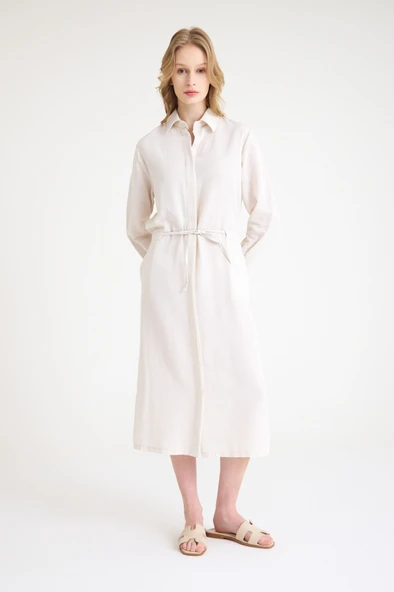 Keten Günlük Rahat Beli Bağcık Detaylı Uzun Kol Elbise ürün görseli 1