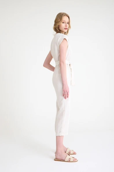 Keten Kadın V Yaka Tek Sıra Düğmeli Kolsuz Tulum - Resim 6