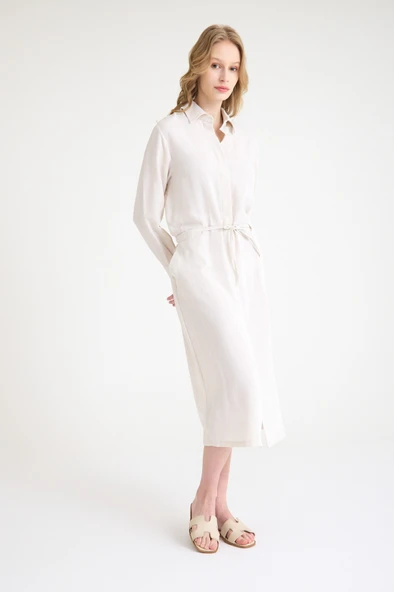 Keten Günlük Rahat Beli Bağcık Detaylı Uzun Kol Elbise - Resim 4