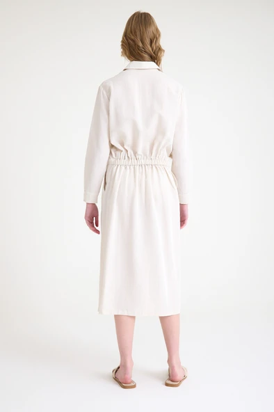 Keten Günlük Rahat Beli Bağcık Detaylı Uzun Kol Elbise - Resim 6