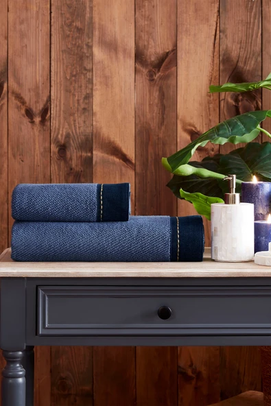 Özdilek Oregon Maskülen Nakışlı Denim 2'Li Havlu Set  - Lacivert