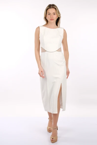 DORİDORCA Kadın Geniş Askılı Yandan Tül Detaylı Kısa Abiye Elbise  2245133 - Resim 3