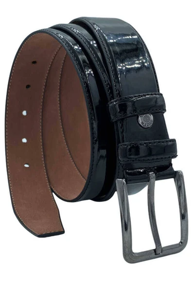 Siyah Rugan Suni Deri Düz Model Dikişli 3.5 Cm.lik Klasik Kemer - 8001-düz-22k-e - 3
