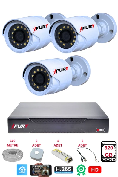 FURY 3 Lü Gece Renkli Görüş Güvenlik Kamerası Full Hd-Su Geçirmez Güvenlik Kamerası Seti 320GB - Resim 2