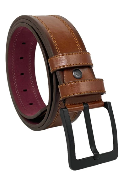 Taba Suni Deri Dikişli Desensiz Düz Model 4.5 Cm.lik Spor Kot Kemer - 4523-111-22ks - 5