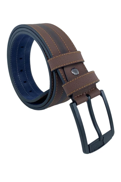 4.5 cm. Spor Suni Deri Ortası Sarı Dikişli Model Erkek Kemer Kahverengi - Resim 4