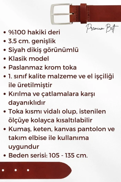 3.5 cm Klasik %100 Hakiki Deri Lüks Kemer Kahverengi Dikiş Desenli - 12