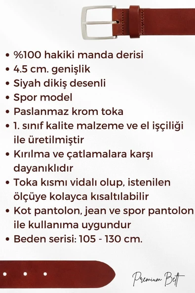 4.5 cm Spor %100 Hakiki Manda Derisi Lüks Kemer Siyah Dikiş Desenli - Resim 7