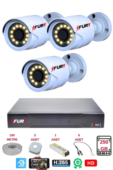 FURY 3 Lü Gece Renkli Görüş Güvenlik Kamerası Full Hd-Su Geçirmez Güvenlik Kamerası Seti 250GB