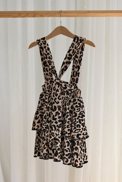 Kız Çocuk Helen Leopar Askılı Kat Kat Bağlama Jile Elbise - Resim 7