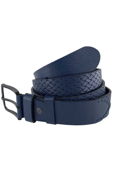 Lacivert Hakiki Deri Özel Üretim 3 Parçalı El Işçilikli 4 Cm.lik Spor Kot Kemer - 405-999 - 2