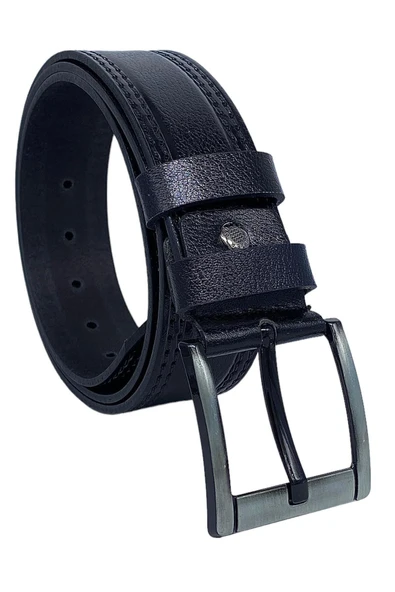4.5 cm Spor %100 Hakiki Manda Derisi Lüks Kemer Siyah Dikiş Desenli - Resim 3