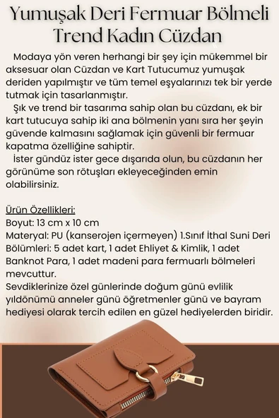 Soft Yumuşak Deri Fermuar Bölmeli Trend Kadın Cüzdan Elif Model - 12