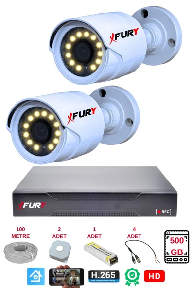 FURY 2 Li Gece Renkli Görüş Güvenlik Kamerası Full Hd-Su Geçirmez Güvenlik Kamerası Seti 500GB