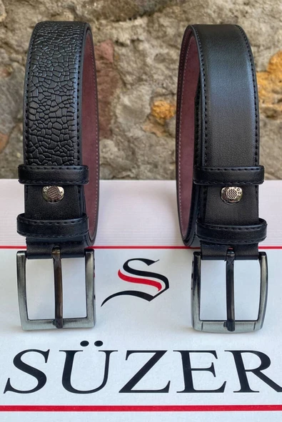 2'li Set x 3 Cm Klasik Suni Deri Erkek Çocuk Kemeri Siyah - 4