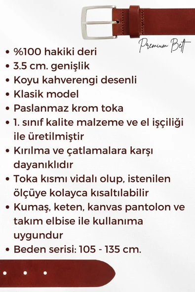 3.5 cm Klasik %100 Hakiki Deri Lüks Kemer Kahverengi Dikiş Desenli - 6