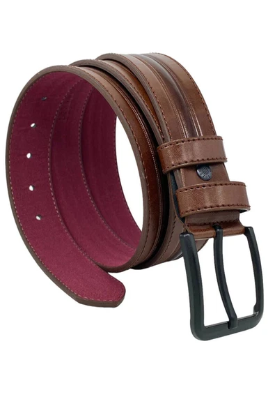 Kahverengi Suni Deri Ortası Desenli Model 4 Cm.lik Spor Kemer - 9013-52-22rl