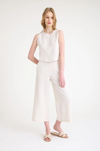 Keten Yazlık Yüksel Bel Capri Pantolon Sırt Detaylı Kolsuz İkili Takım - Resim 12